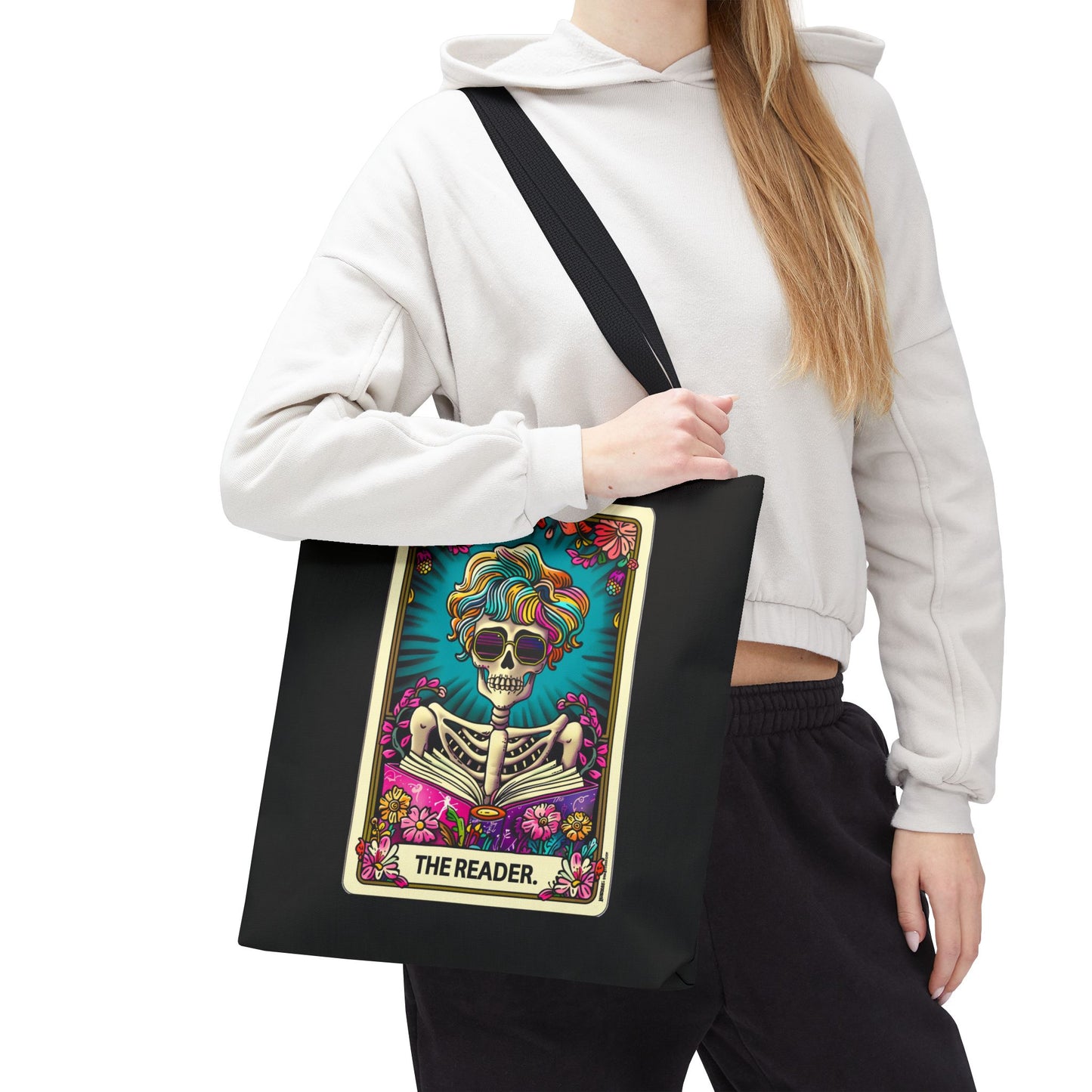 Gothic Skeleton Tote Bag | Rainbow Hair Skull Art | Book Lover Gift | Dark Academia Fashion | Indie Aesthetic | Boho Style Bag | Tarot Cards | Day of the Dead