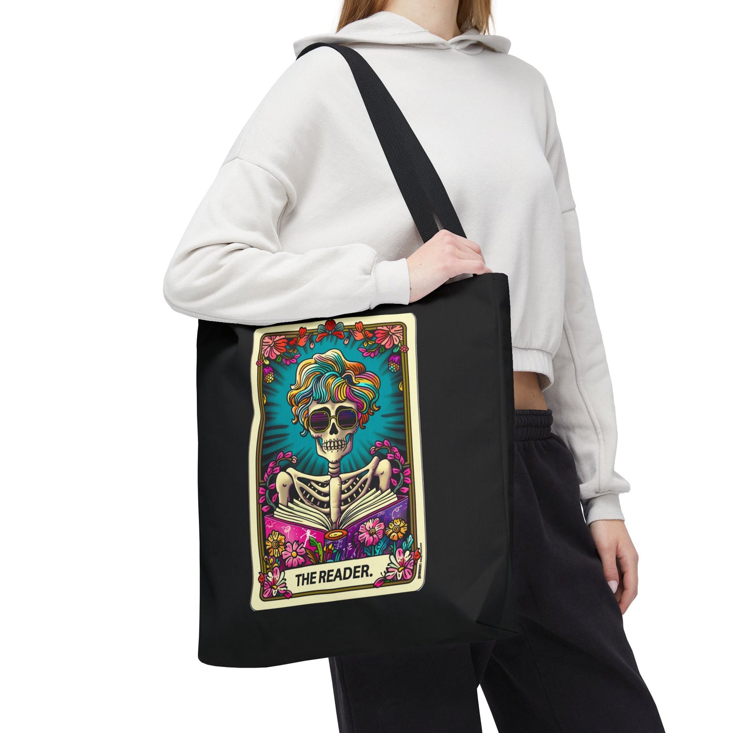 Gothic Skeleton Tote Bag | Rainbow Hair Skull Art | Book Lover Gift | Dark Academia Fashion | Indie Aesthetic | Boho Style Bag | Tarot Cards | Day of the Dead