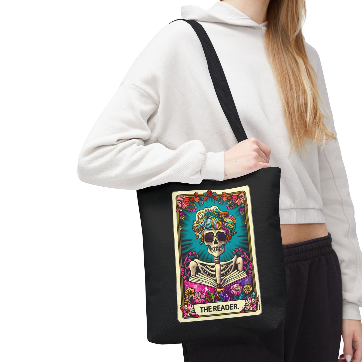 Gothic Skeleton Tote Bag | Rainbow Hair Skull Art | Book Lover Gift | Dark Academia Fashion | Indie Aesthetic | Boho Style Bag | Tarot Cards | Day of the Dead