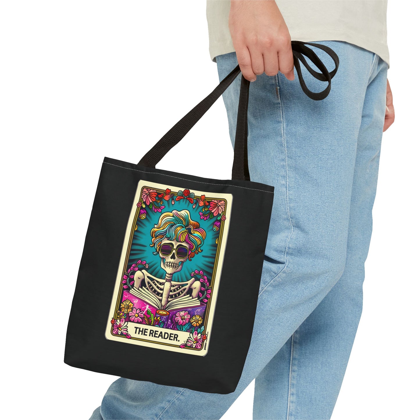 Gothic Skeleton Tote Bag | Rainbow Hair Skull Art | Book Lover Gift | Dark Academia Fashion | Indie Aesthetic | Boho Style Bag | Tarot Cards | Day of the Dead