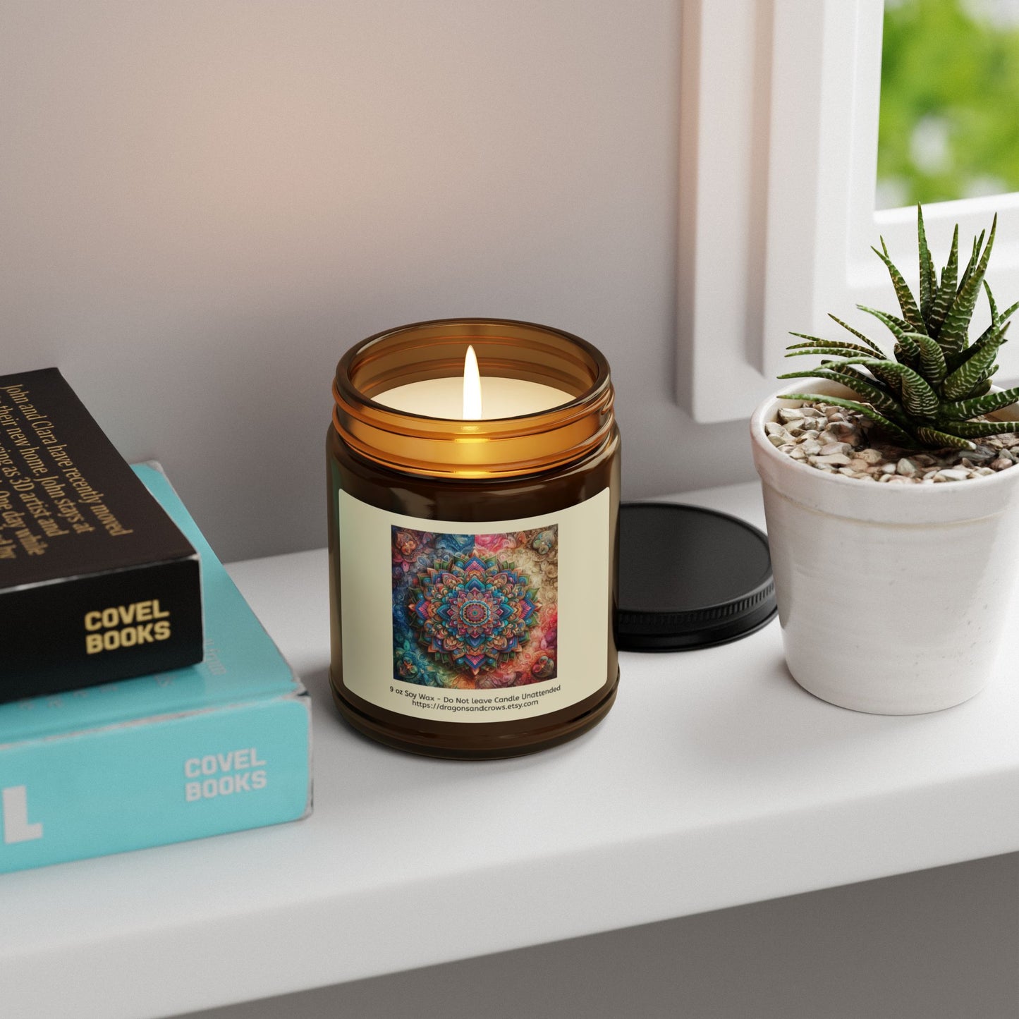 Mandala Themed Scented Soy Candle - Relaxing Aromatherapy in Amber Jar