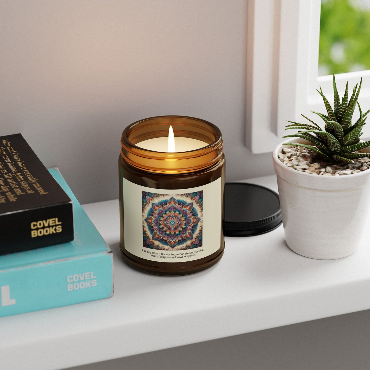 Mandala Themed Scented Soy Candle - Relaxing Aromatherapy in Amber Jar