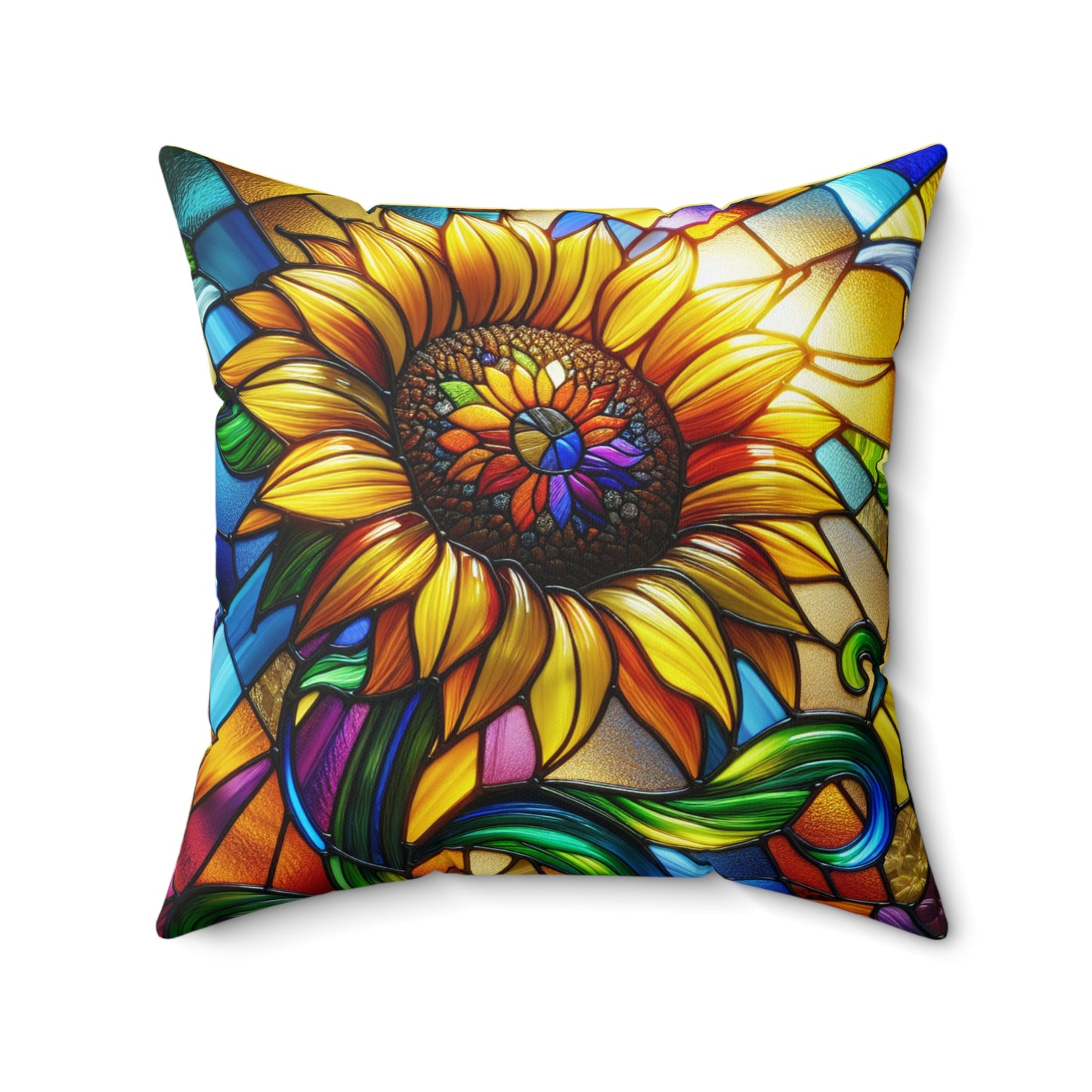Vibrant Sunflower Decorative Pillow - Colorful Stained Glass Design
