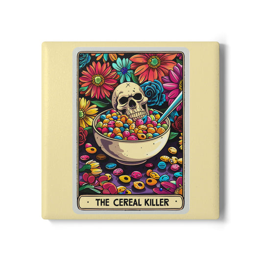 Cereal Killer -Snarky Tarot Skeleton Ceramic Coaster - Colorful Floral Decor for Home Bar