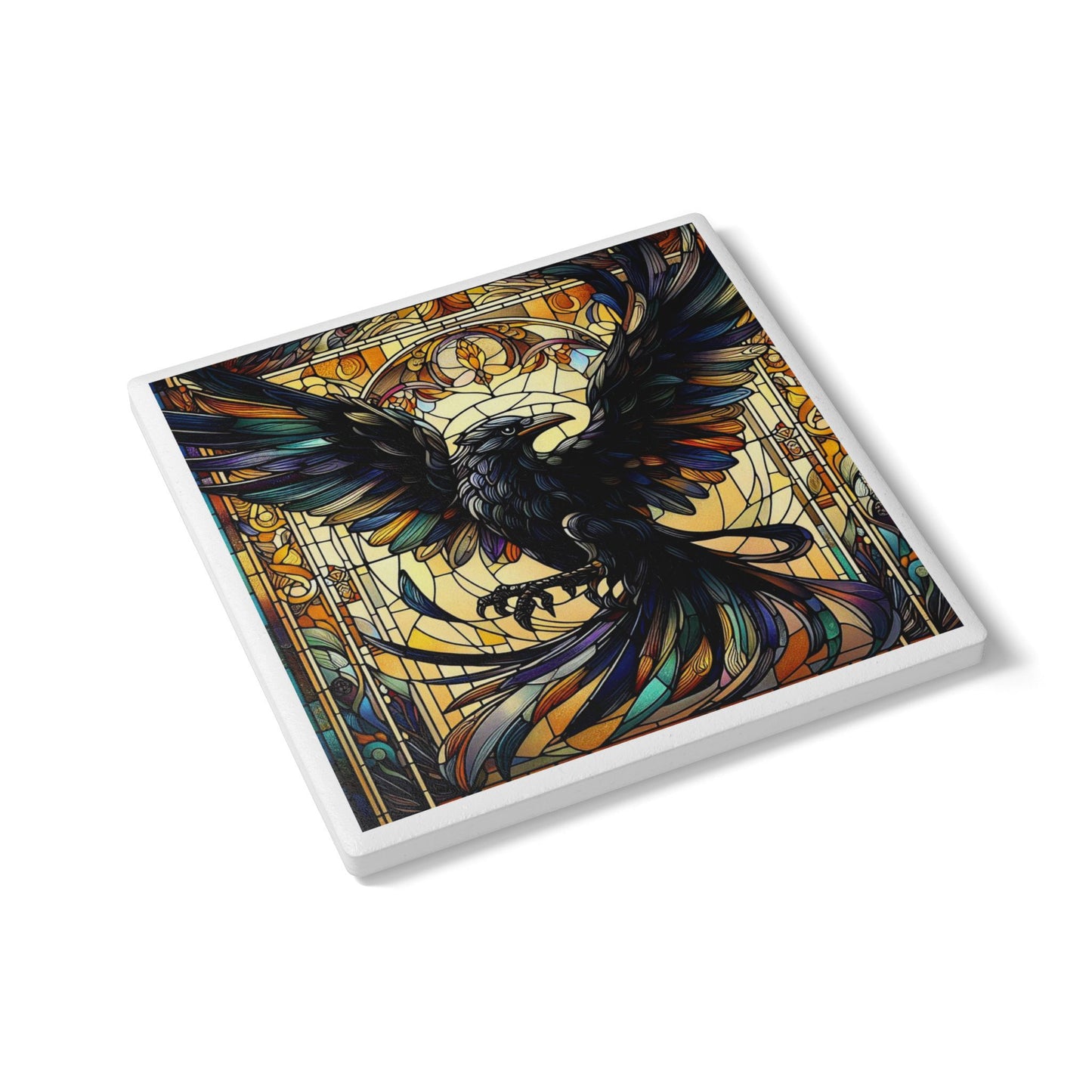 Stained Glass Crow Ceramic Coaster, Home Decor, Nature Lover Gift, Wildlife Art Coasters, Coffee Table Decorations