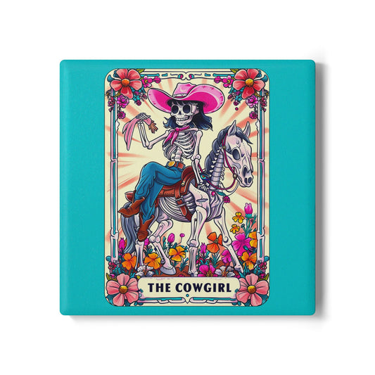 Cowgirl -Snarky Tarot Skeleton Ceramic Coaster - Colorful Floral Decor for Home Bar