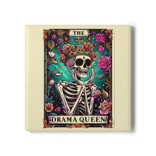 Drama Queen - Snarky Tarot Skeleton Ceramic Coaster - Colorful Floral Decor for Home Bar