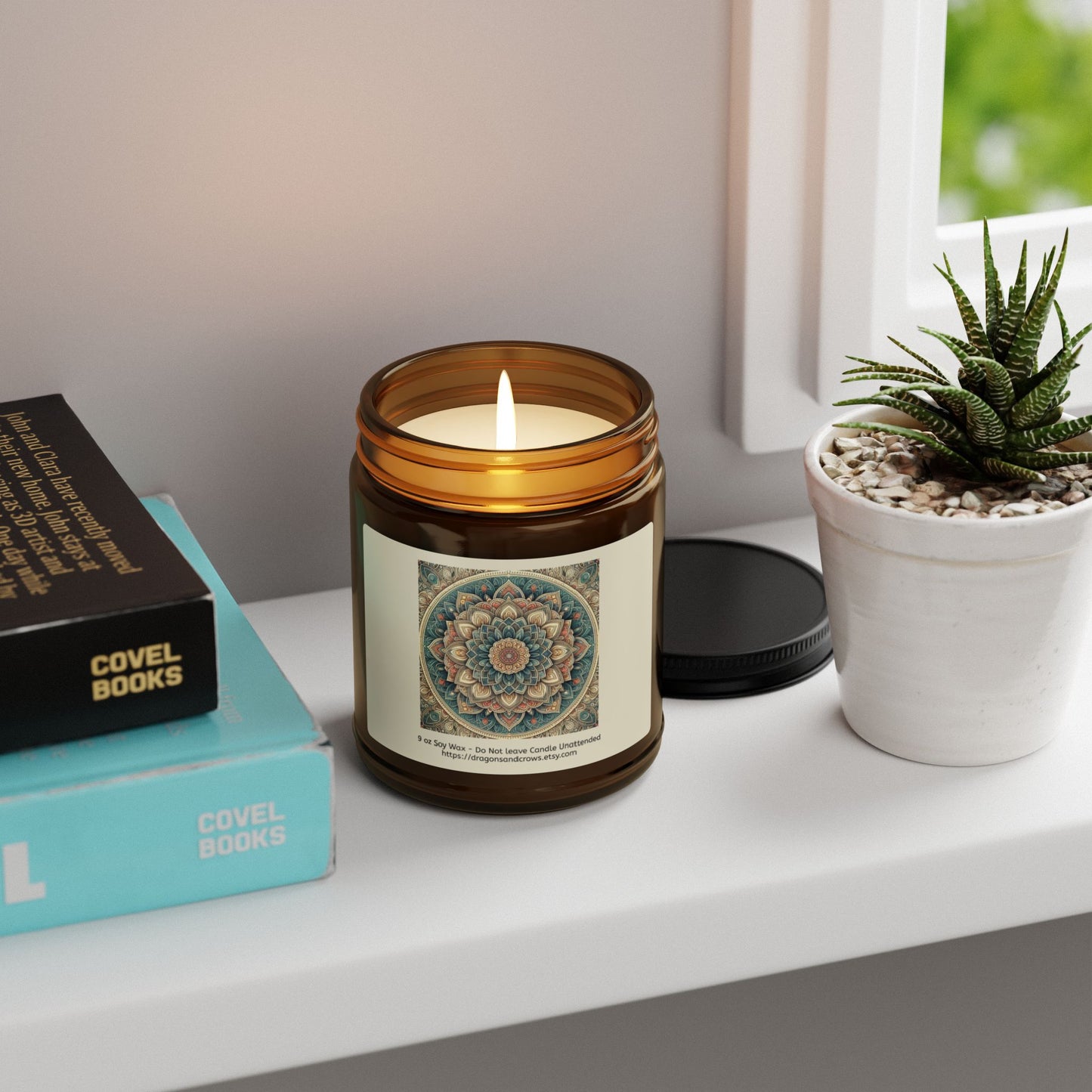 Mandala Themed Scented Soy Candle - Relaxing Aromatherapy in Amber Jar