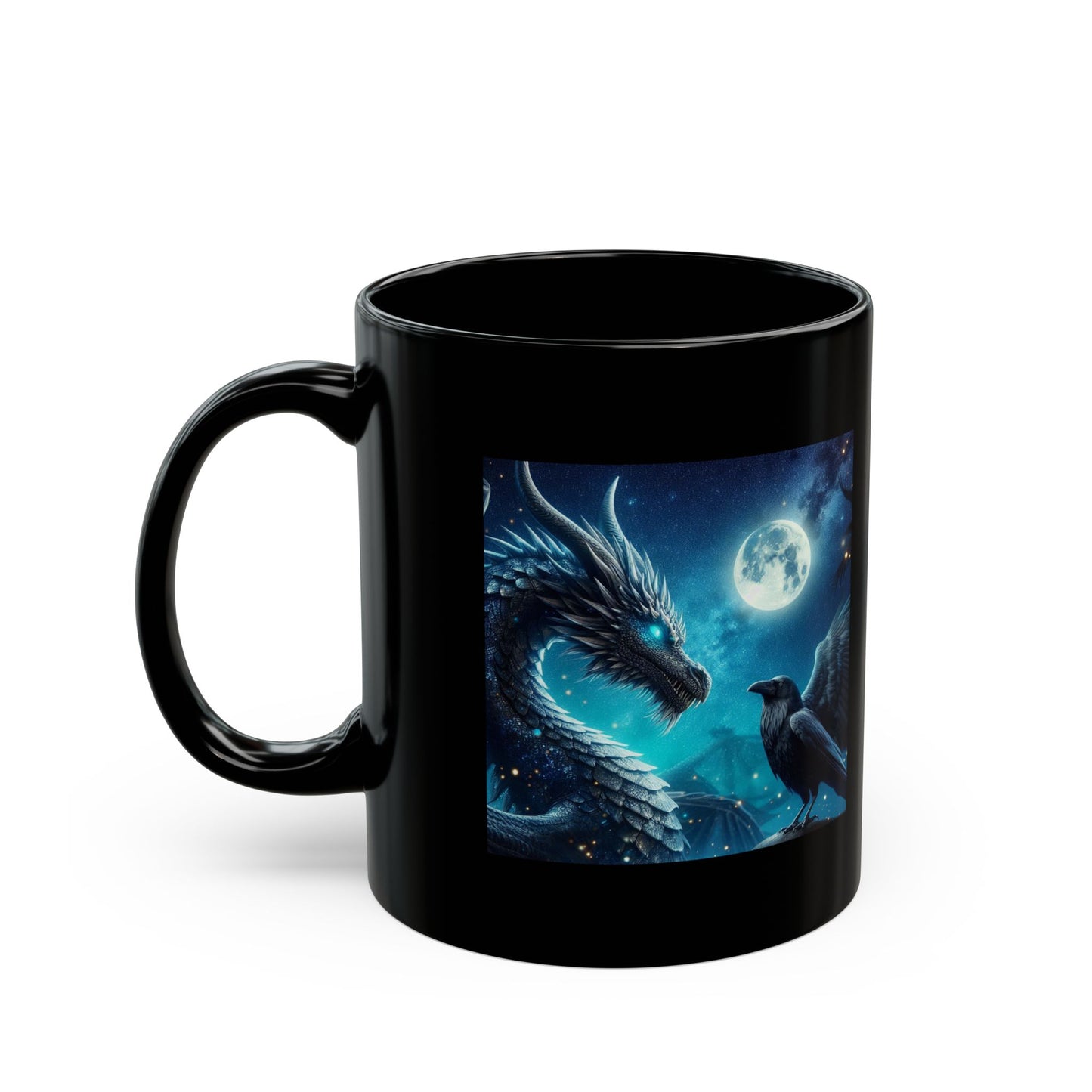 Mystical Black Coffee Mug, Fantasy Dragon & Raven Design, Witchcraft Gift, Midnight Vibes, Halloween Décor, Unique Coffee Lover Mug