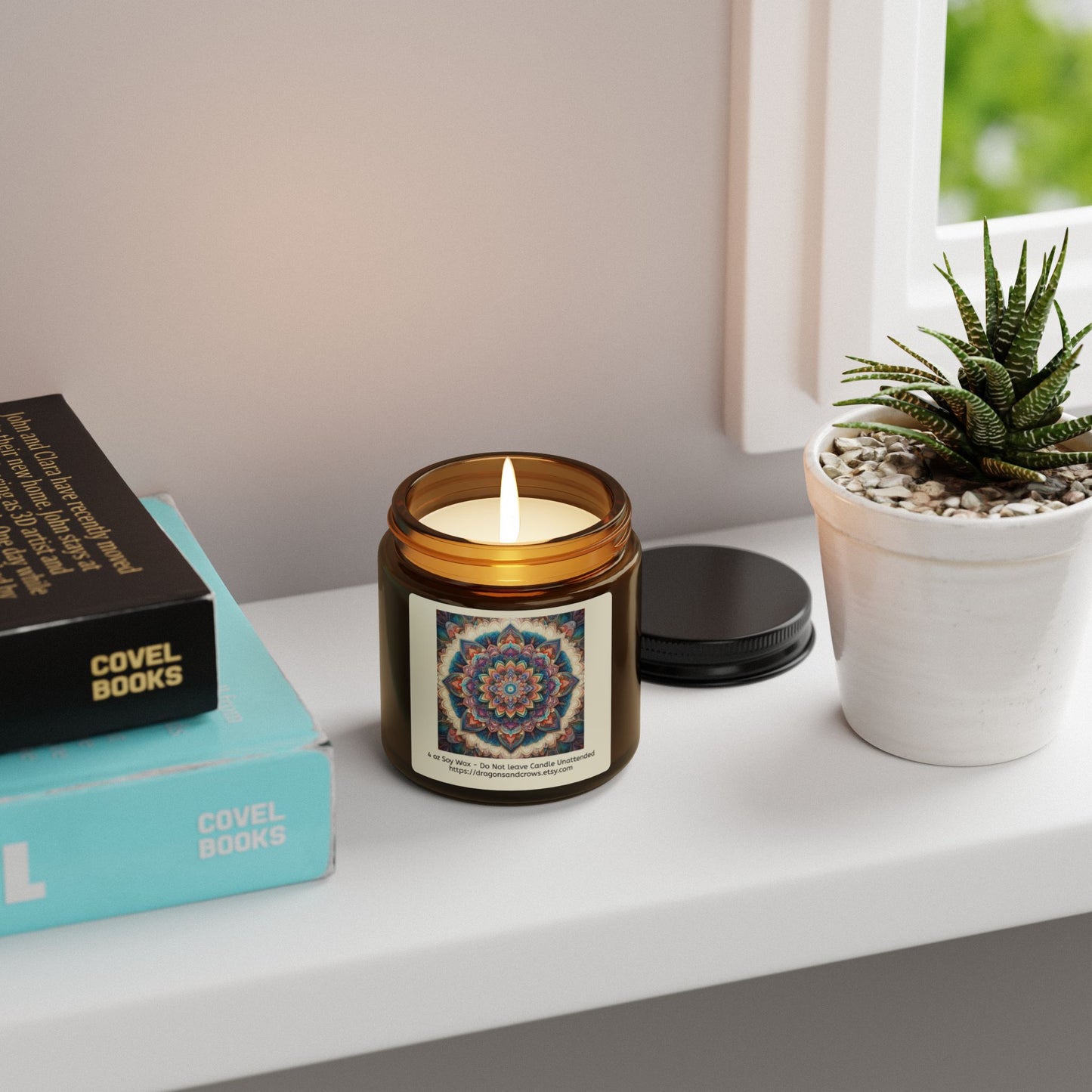 Mandala Themed Scented Soy Candle - Relaxing Aromatherapy in Amber Jar