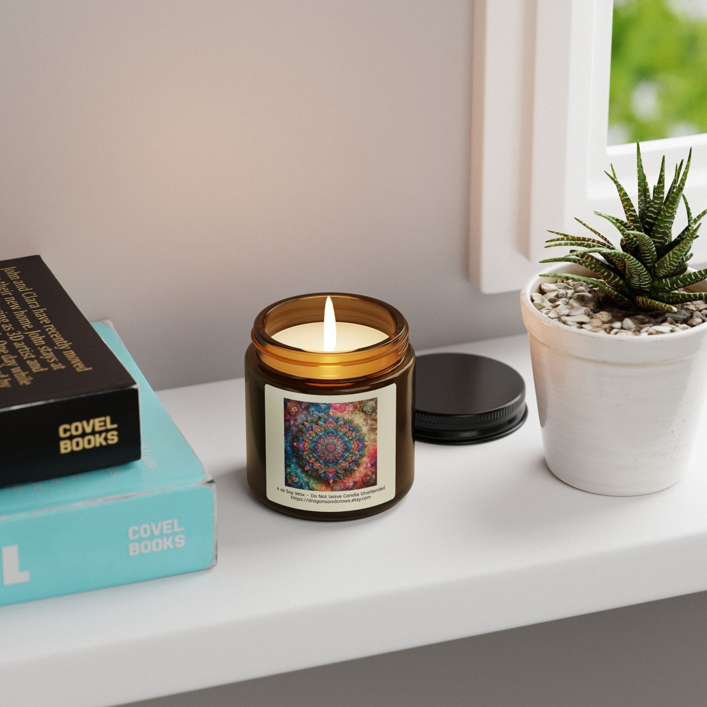 Mandala Themed Scented Soy Candle - Relaxing Aromatherapy in Amber Jar