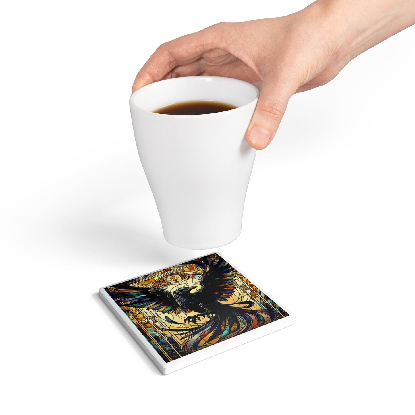 Stained Glass Crow Ceramic Coaster, Home Decor, Nature Lover Gift, Wildlife Art Coasters, Coffee Table Decorations