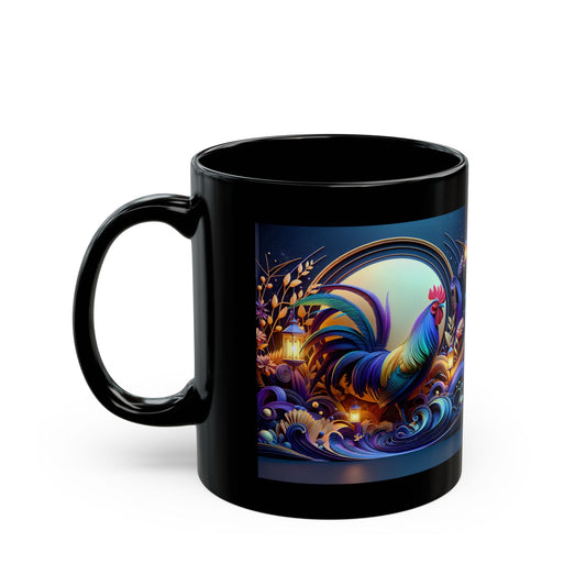 Colorful Rooster Black Mug | Vibrant Art Coffee Cup for Bird Lovers, Gift for Art Enthusiasts, Home Decor, Morning Coffee